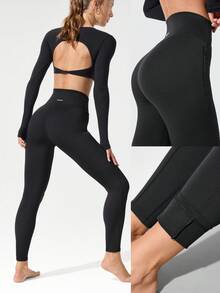 GLOWMODE 26" FeatherFit™-Warm CozyCore Soft Warm Stretchy High-Rise Waist Front Seam Zipper Side Pockets Leggings Low-Impact Yoga Pilates Studio Daily Casual Fall Winter - Black - View 8