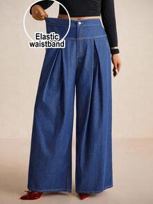 Elaquor Plus Size High Waist Wide Leg Jeans, Fashionable For Commuting/Winter Wide Leg Jeans Woman Denim For Women Cowboy Pants For Women - Medium Wash - View 3