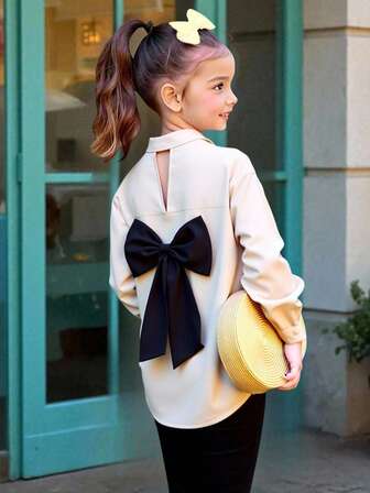 Elladie kids Tween Girls' Pink Long Sleeve Shirt, Cute, Casual, Comfortable Long Sleeve Shirt With Hollow Back And Bow Decoration, Adorable, Comfortable, Casual Style, Contrasting Color Innovative Shirt, Fashionable School Fall Winter