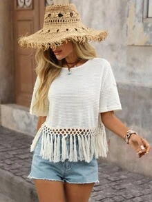 Brillora Màu thuần Vòng cổ Dệt kim Sọc Áo thun - Màu be - Xem 1