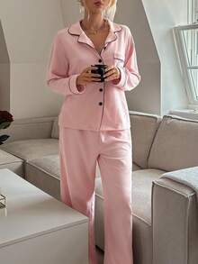 Livesso 2 件套猫咪印花宽松长袖上衣和裤子睡衣套装女士秋冬秋季服装 - 粉色 - 查看 9