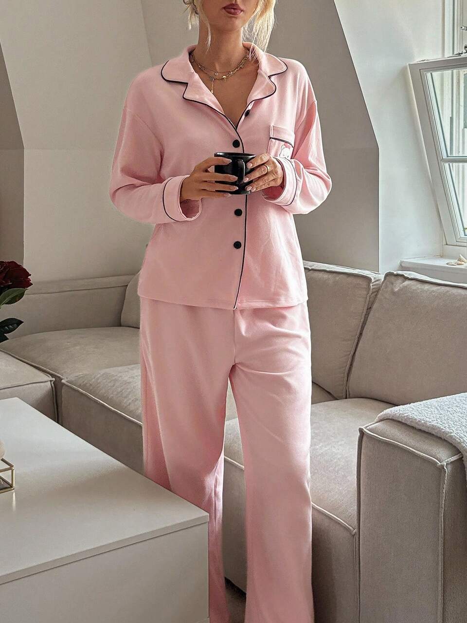 2pcs Cat Print Loose Long Sleeve Top & Pants Pajama Set For Women, Autumn/Winter, Fall Clothes