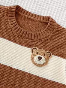 Cozy Pixies Baby Boy Cartoon Bear Striped Pattern Crew Neck Long Sleeve Sweater Fall Winter - Brown - View 4