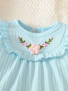 SHEIN New Long Sleeved Newborn Baby Beige Round Neck Bubble Sleeve Three-Dimensional Embroidered Dress Cute And Elegant, Simple And Comfortable - Blue - View 4