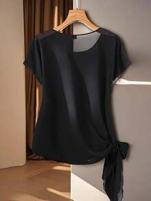 Franclia Plus Size Casual Flared Shoulder Sleeve Shirt, Spring/Summer Short Sleeve Chiffon Top Chiffon Blouses For Women Black Chiffon Blouse Women Elegant Black Top Women Sheer Black Top - Black - View 2