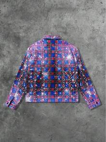 ROMWE MEN Street Life Unisex Gradient Plaid Blazer With Rhinestone Effect, Autumn/Winter Design - Red - View 2