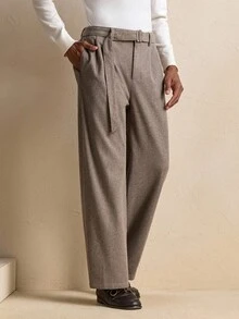 AKNOTIC Men's Solid Color Waistband Design Pleated Wide Leg Loose Casual Pants, For Fall - Brown - View 3