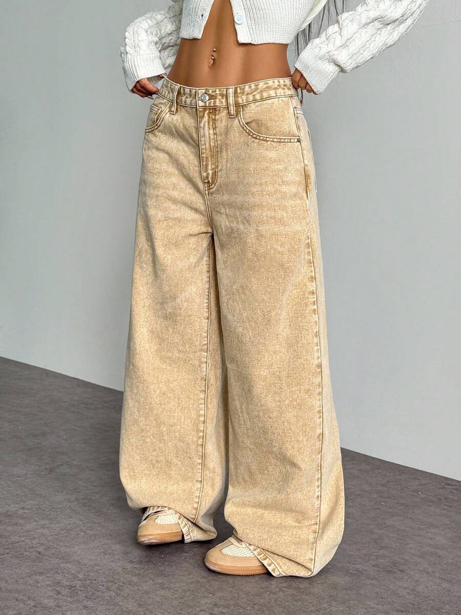 Jeanoix Quần jeans ống rộng lưng thấp giặt thường ngày - Màu Khaki - Xem 1