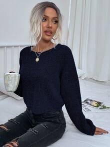 EMERY ROSE Suéter holgado de punto acanalado de hombros caídos de unicolor casual para mujer, suéter gris - Azul Marino - Ver 3
