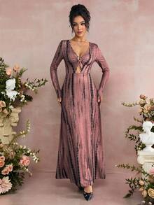 Rafferiza Women's Sexy Deep V-Neck Waist Cinching Long Sleeve Vintage Tie Dye Print Slimming A-Line Dress