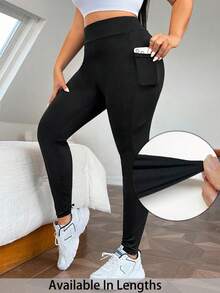 SHEIN PETITE CURVE Quần legging cạp rộng Plus Solid có túi đựng điện thoại - màu đen - Xem 1