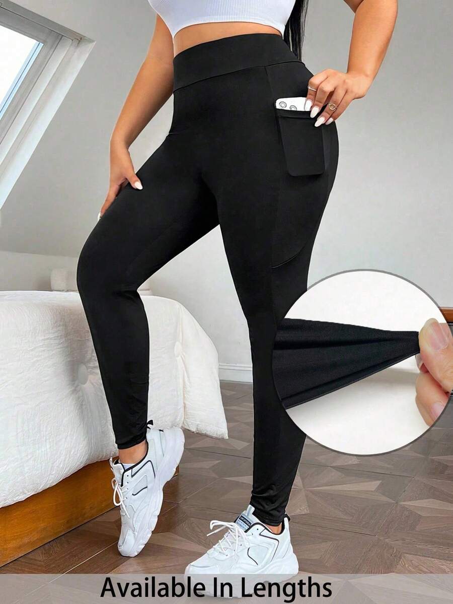 SHEIN PETITE CURVE Quần legging cạp rộng Plus Solid có túi đựng điện thoại - màu đen - Xem 1