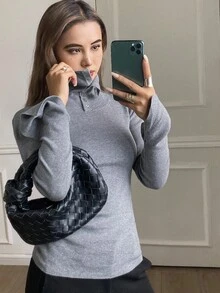 Livesso Suéter de cuello alto de manga larga, de unicolor y ajustado, minimalista, adecuado para el otoño - Gris - Ver 3
