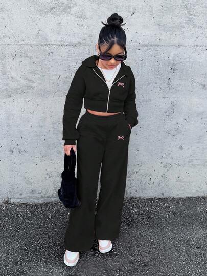 SHEIN Tween Girl Nova Glow Tween Girl 时尚舒适派对街头纯色针织连帽卫衣宽松套装