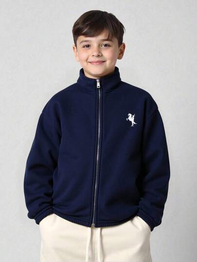 1pc Tween Boy Casual College Style Comfortable Solid Color Embroidered Horse Pattern Fashion Versatile Zip-Up Jacket Fall Winter