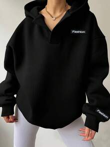 少女休闲日常百搭舒适字母贴布宽松长袖针织卫衣，适合上学、花园、海滩、生日、春、夏、秋、冬等各种场合。 - 黑色 - 查看 6