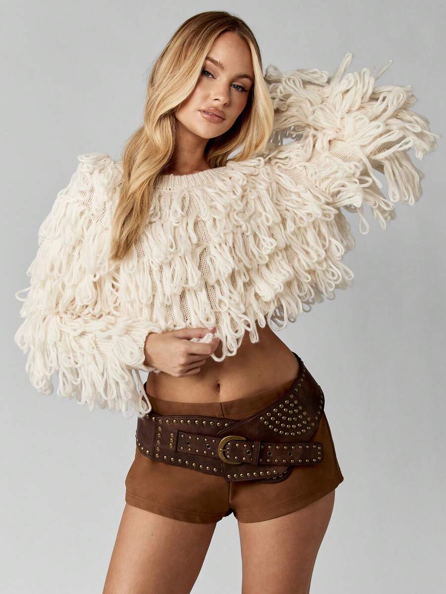 MISSGUIDED Luxury Loop Knit Cropped Sweater Fall Winter Chunky Fringe Boho Oversized Drop Shoulder Long Sleeve Cozy Pullover