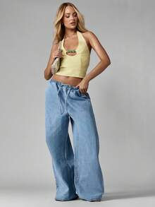 MISSGUIDED Áo croptop bằng vải lanh cổ yếm mùa hè với chi tiết đính hạt phía trước, hở lưng, thích hợp cho các bữa tiệc, kỳ nghỉ, buổi tối. - Màu vàng - Xem 4