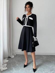 Rafferiza 2件套女士法式拼布长袖连衣裙 - 黑色 - 查看 4