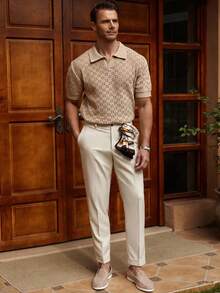 Manfinity Homme Men's Solid Color Short Sleeve Hollow Simple Casual Knit Top - Apricot - View 5