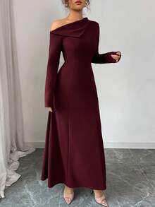 Elenzga فستان أنيق طويل للنساء بخصر مربوط على شكل حرف A، كتف مكشوف، لون أحادي، مناسب للاستخدام اليومي والحفلات والعطلات والسهرات، ملابس خريف/شتاء. فساتين خريف للنساء، ملابس شتوية للنساء، فستان عيد الميلاد، كاجوال للعمل، فساتين للنساء للعمل، فساتين لحفلات الزفاف، ملابس نسائية جوتية، كتف مكشوف، فستان كتف واحد