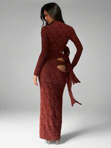MISSGUIDED Vestido midi de punto texturizado con corte lateral y lazo, de manga larga, para fiestas de otoño e invierno, ceñido al Body, con cuello alto y que favorece la figura - Marrón - Ver 2