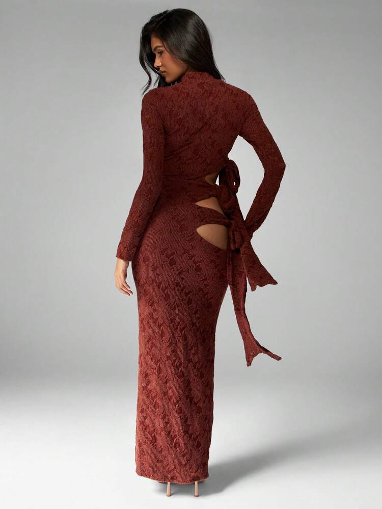 MISSGUIDED Long Sleeve Cut Out Side Tie Textured Knit Midi Dress Fall Winter Evening Party Bodycon Figure Flattering High Neck Gown