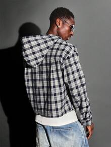 SUMWON 短款法兰绒连帽纽扣衬衫外套格纹图案长袖休闲个性文字图形印花秋冬分层单品街头时尚 - 藏蓝色 - 查看 2