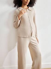 BloomMama Maternity Brushed Autumn/Winter Comfortable Ribbed Collar Button Front Long Sleeve Top & Pants Pajama Set, Easy Comfort Chic, Fall Clothes, Cozy Outfit - Khaki - View 4