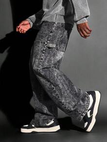 Quần jeans thợ mộc dáng rộng SUMWON bằng cotton, kiểu dáng vintage rách rưới, ống rộng, chất liệu denim tiện dụng với nhiều túi, thích hợp cho thời trang đường phố. - màu đen - Xem 5