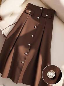 Franclia Plus Size Elastic Waist Button A-Line Long Black Skirt, Elegant Casual For Dates And Gatherings - Brown - View 1