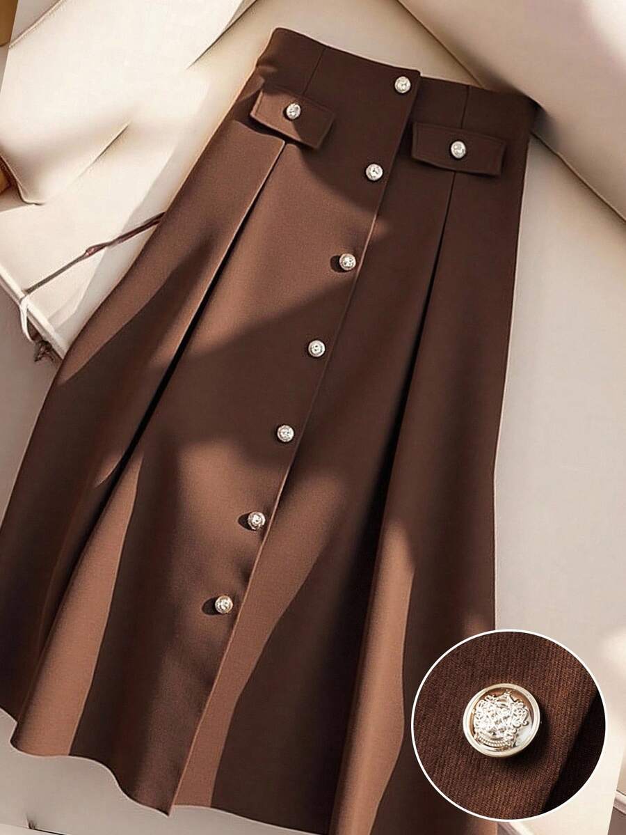 Franclia Plus Size Elastic Waist Button A-Line Long Black Skirt, Elegant Casual For Dates And Gatherings - Brown - View 1