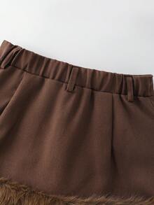 GlowEve Coffee Color Patchwork Faux Fur A-Line High Waist Mini Skirt, Autumn/Winter - Coffee Brown - View 6