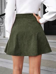 Serisse 女士休闲纯色灯芯绒喇叭 A 字裙 - 軍綠色 - 查看 2