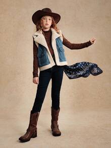 少女牛仔外套，Y2K风格秋冬保暖牛仔背心，休闲可爱百搭个性设计，街头时尚拼接毛绒口袋装饰无袖简约翻领宽松背心，柔软舒适的棉质牛仔面料，适合日常外出、聚会、上学、通勤、居家穿着，2025秋冬新款儿童西式服装