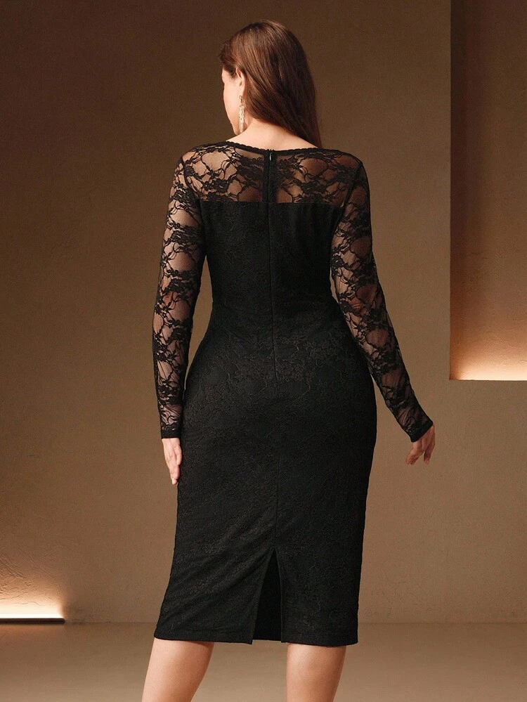 High Quality Plus Size Women's Square Neck Lace Long Sleeve Sexy Bodycon Dress