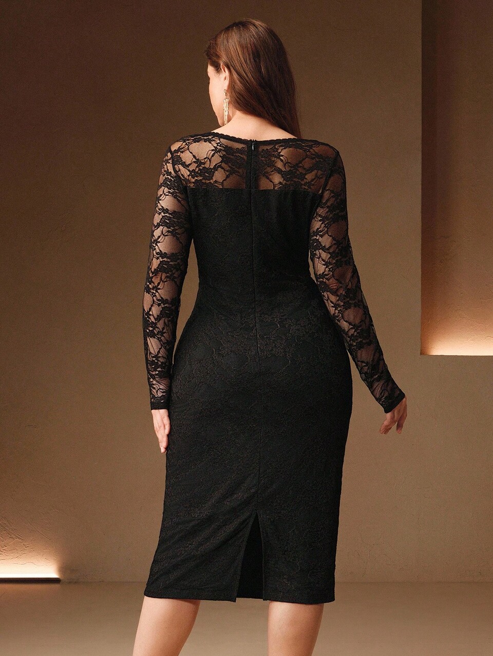 High Quality Plus Size Women's Square Neck Lace Long Sleeve Sexy Bodycon Dress