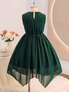 Tween Mädchen Elegant Hochwertig Ärmellos Pailletten Taille Eng anliegend Asymmetrischer Saum Kleid, Smaragdgrün - Dunkelgrün - Übersicht 2