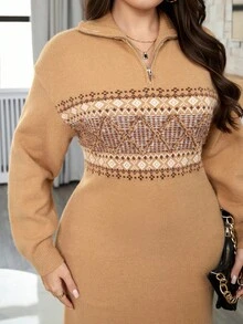 Modelyn 秋冬大码女式几何图案领毛衣裙 - 卡其色 - 查看 1