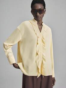 Ontre Women's Elegant Pale Yellow Blouse,Notched Collar Ruffle Hem Commuter Shirt For Autumn,Brunch,Bohemian Vacation Wear,High-Grade Breathable Fabric - Yellow - View 4