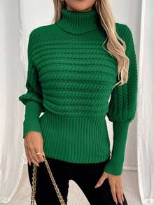 EMERY ROSE Turtleneck Cable Knit Loose Chic Oversized Slim Fit Pullover Sweater - Dark Green - View 4