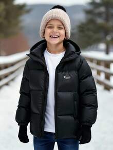 SHEIN Abrigo parka de invierno con capucha y cremallera de manga larga tejida, informal, para niños preadolescentes, adecuado para el trayecto, la escuela, uso casual, viajes, deportes, otoño/invierno