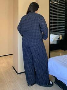 Dazy Plus Plus Size Plaid Loose Pajama Set, Sleepwear, Suitable For All Seasons, Fall Winter Clothes, Cozy Outfit - Navy Blue - View 2