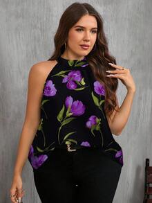 SHEIN Clasi Purple Floral Print Casual Minimalist Plus Size Shirt, Suitable For Summer Suitable For Going Out Chic Blouses For Women - Black - View 5