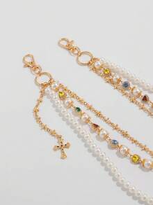 ROMWE Fairycore 1 件复古优雅简约多色水晶和人造珍珠裤链，男士朋克嘻哈斜挎链，用于裤子装饰 - 金黃色 - 查看 3