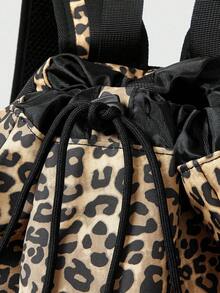 ROMWE Grunge Punk 朋克学院风猫爪、骨头、星条色块多口袋男女通用背包，大容量通勤上学两用背包，返校必备，大学包，大学必备 - 豹紋色 - 查看 4