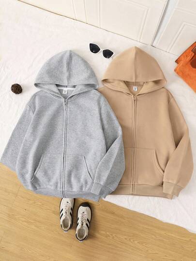 SHEIN 2pcs Tween Girls Casual Cute Daily Comfortable Simple Knit Hooded Long Sleeve Sweatshirt Jacket Set, Suitable For Outings, School, And Casual Gatherings Fall Winter