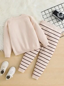 SHEIN 2pcs/Set Young Boy Casual Cat Graphic Round Neck Long Sleeve Top And Striped Print Pants Knit Sweater Outfit Fall Winter - Multicolor - View 4