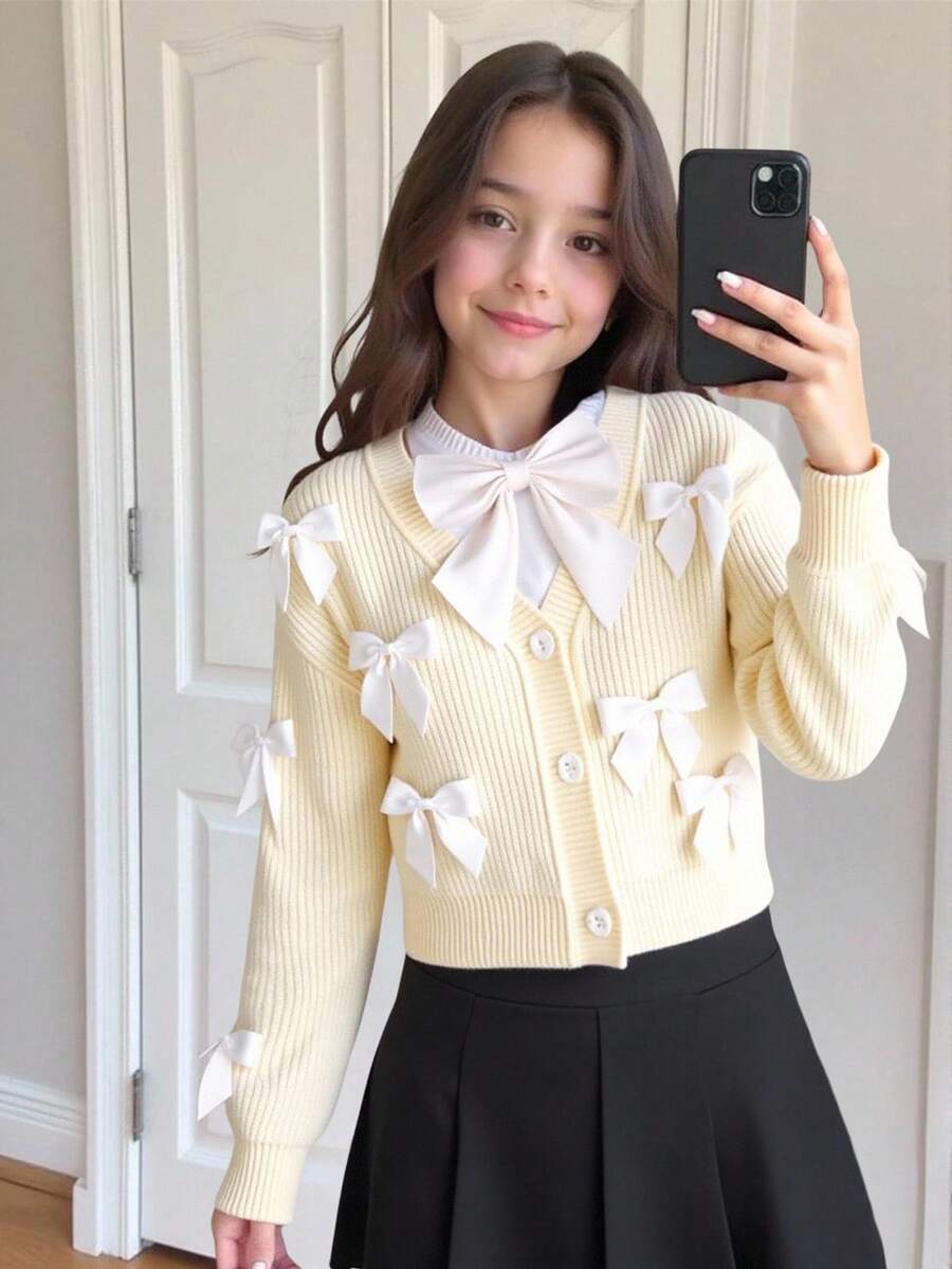 SHEIN Tween Girl Apricot Bow Knit Cardigan, Sweet & Versatile, Autumn/Winter - Multicolor - View 1