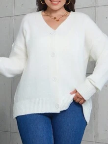 EURMUSE Plus Drop Shoulder Button Front Cardigan